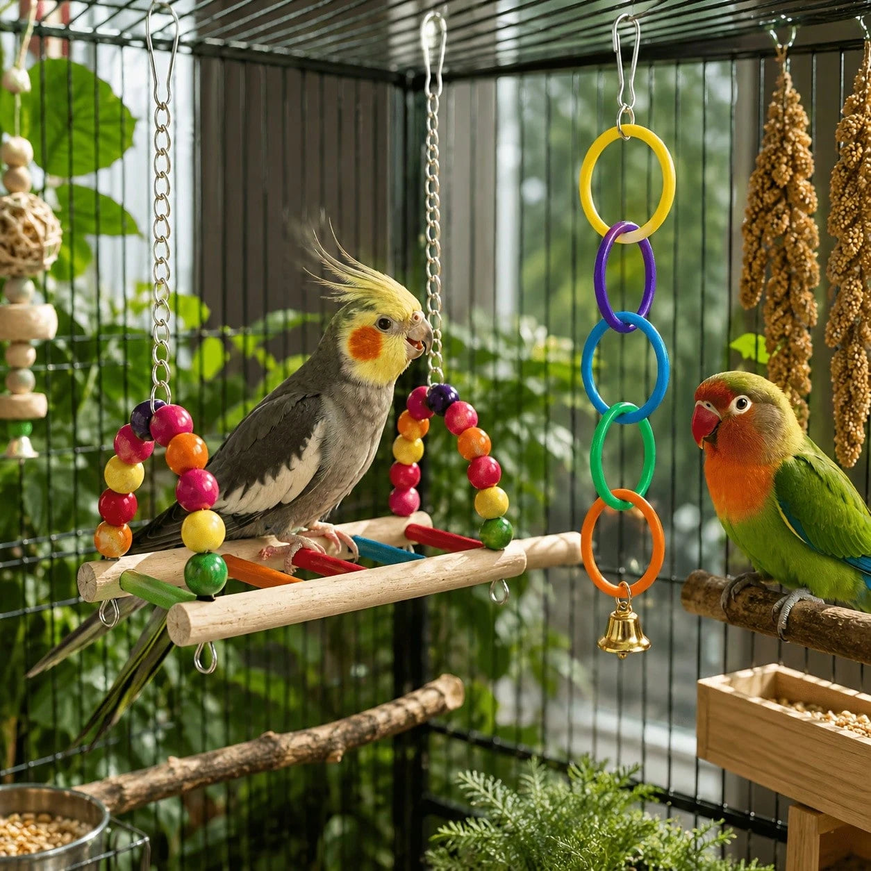 2pcs (Wooden Bird Swing Stand + Colorful Ring Bell) Bird Cage Set, Cage-Hanging Parrot, Suitable For Budgies, Cockatiels, Lovebirds, And Other Small Birds