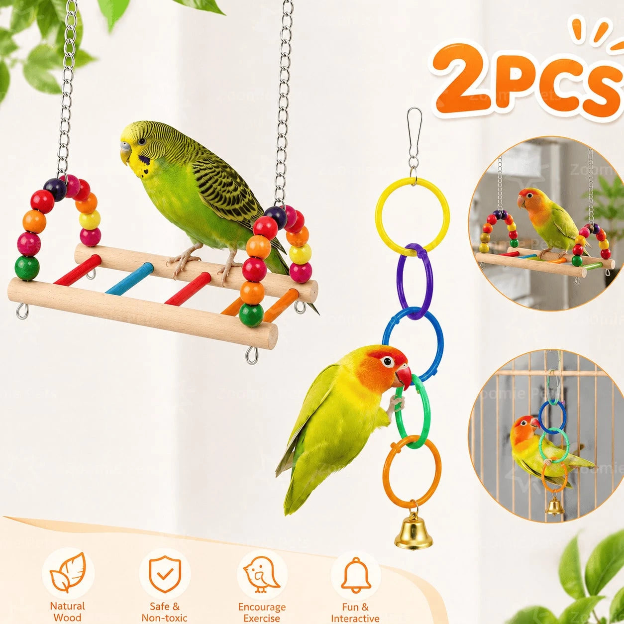 2pcs (Wooden Bird Swing Stand + Colorful Ring Bell) Bird Cage Set, Cage-Hanging Parrot, Suitable For Budgies, Cockatiels, Lovebirds, And Other Small Birds