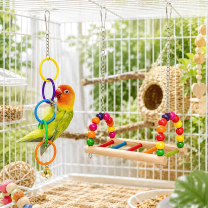 2pcs (Wooden Bird Swing Stand + Colorful Ring Bell) Bird Cage Set, Cage-Hanging Parrot, Suitable For Budgies, Cockatiels, Lovebirds, And Other Small Birds