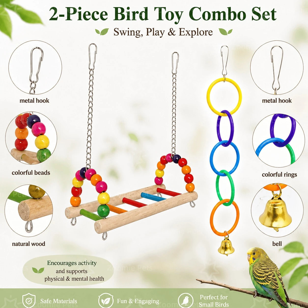 2pcs (Wooden Bird Swing Stand + Colorful Ring Bell) Bird Cage Set, Cage-Hanging Parrot, Suitable For Budgies, Cockatiels, Lovebirds, And Other Small Birds