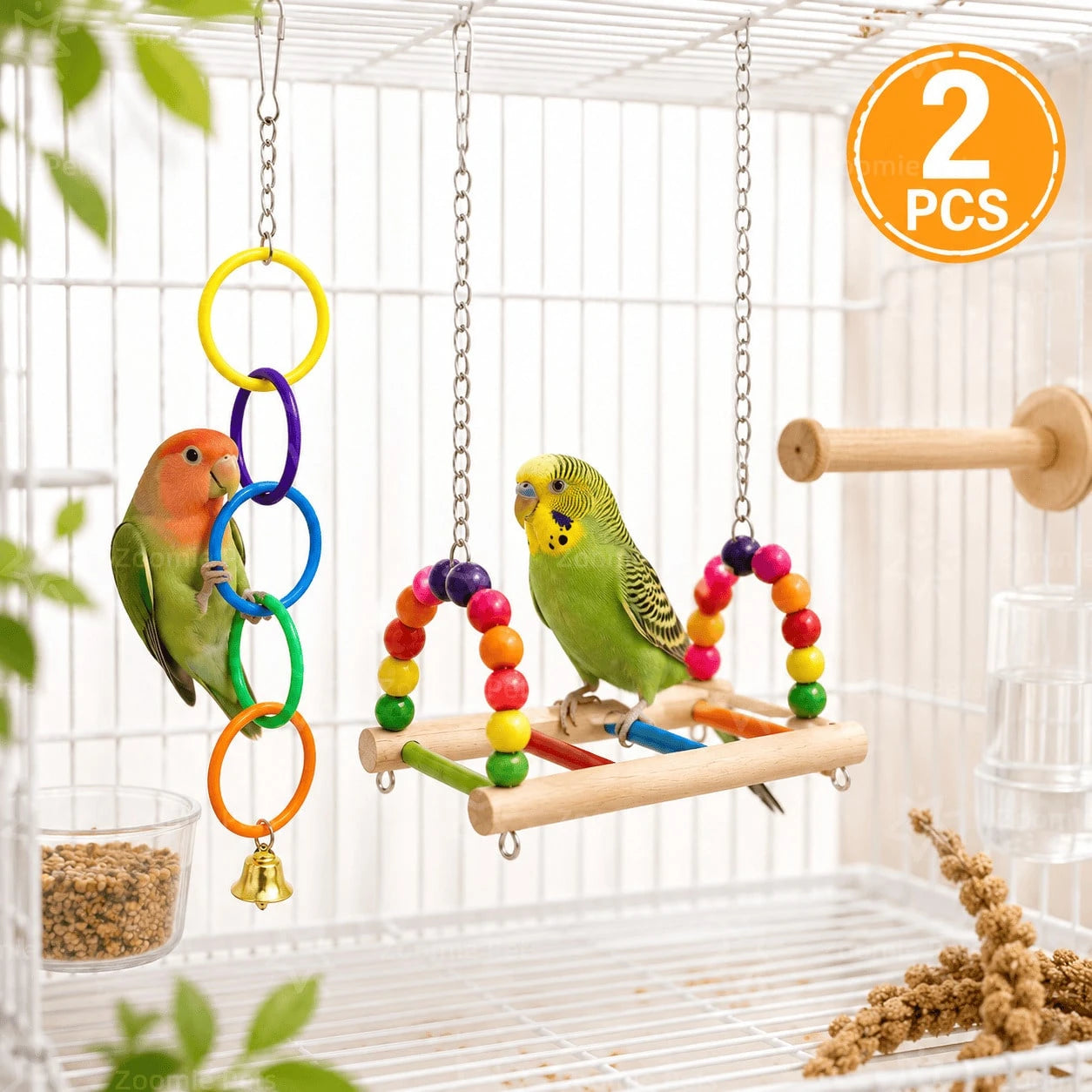 2pcs (Wooden Bird Swing Stand + Colorful Ring Bell) Bird Cage Set, Cage-Hanging Parrot, Suitable For Budgies, Cockatiels, Lovebirds, And Other Small Birds