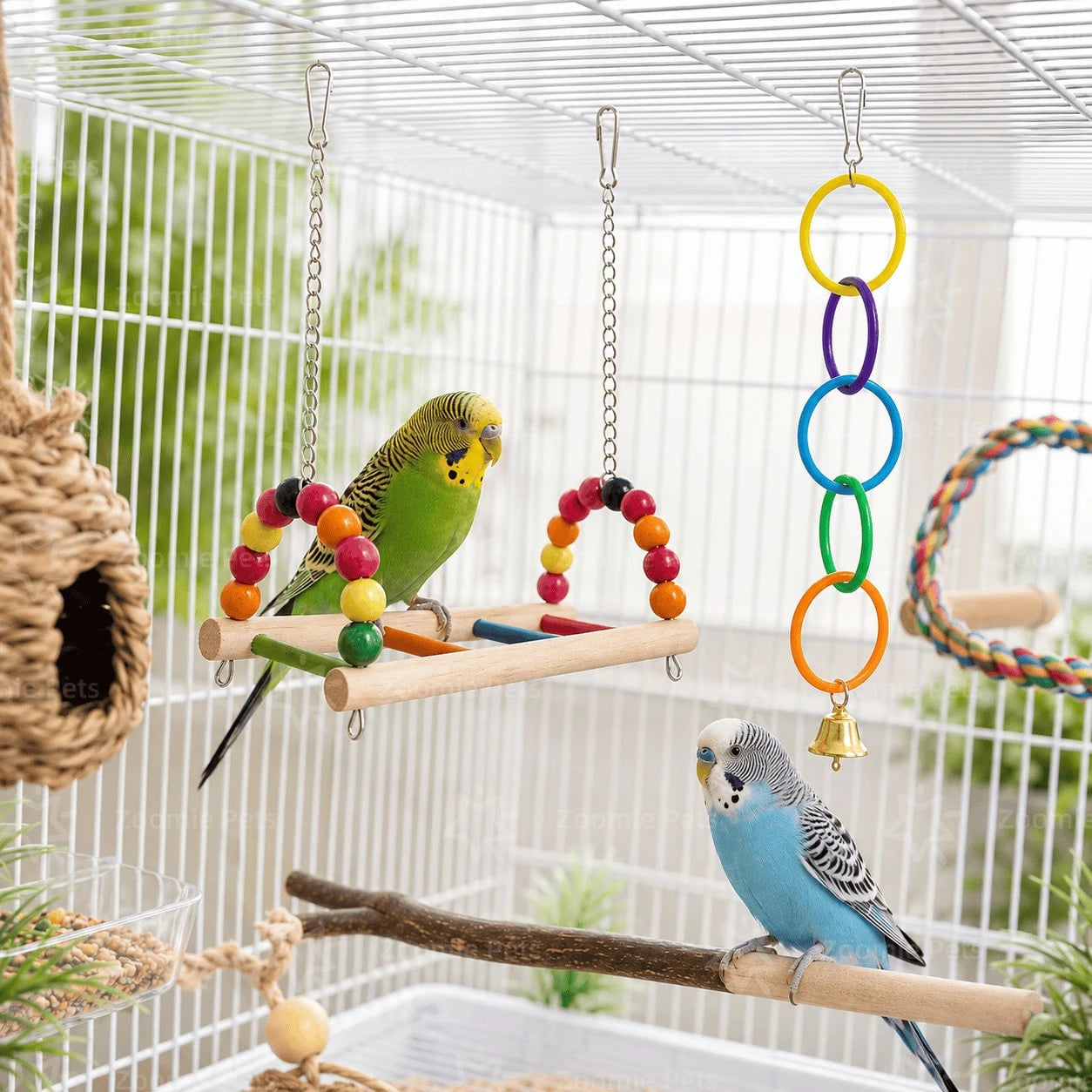 2pcs (Wooden Bird Swing Stand + Colorful Ring Bell) Bird Cage Set, Cage-Hanging Parrot, Suitable For Budgies, Cockatiels, Lovebirds, And Other Small Birds