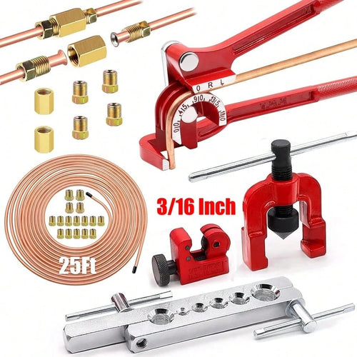 3/16 Inch Brake Line Bender Flaring Tool Include 25FT Zinc-Plated Copper Coated Brake Bending Lines And Single Flare Cutter Repair Kit 16 Rust-Resistant Fitting 4 Nut
