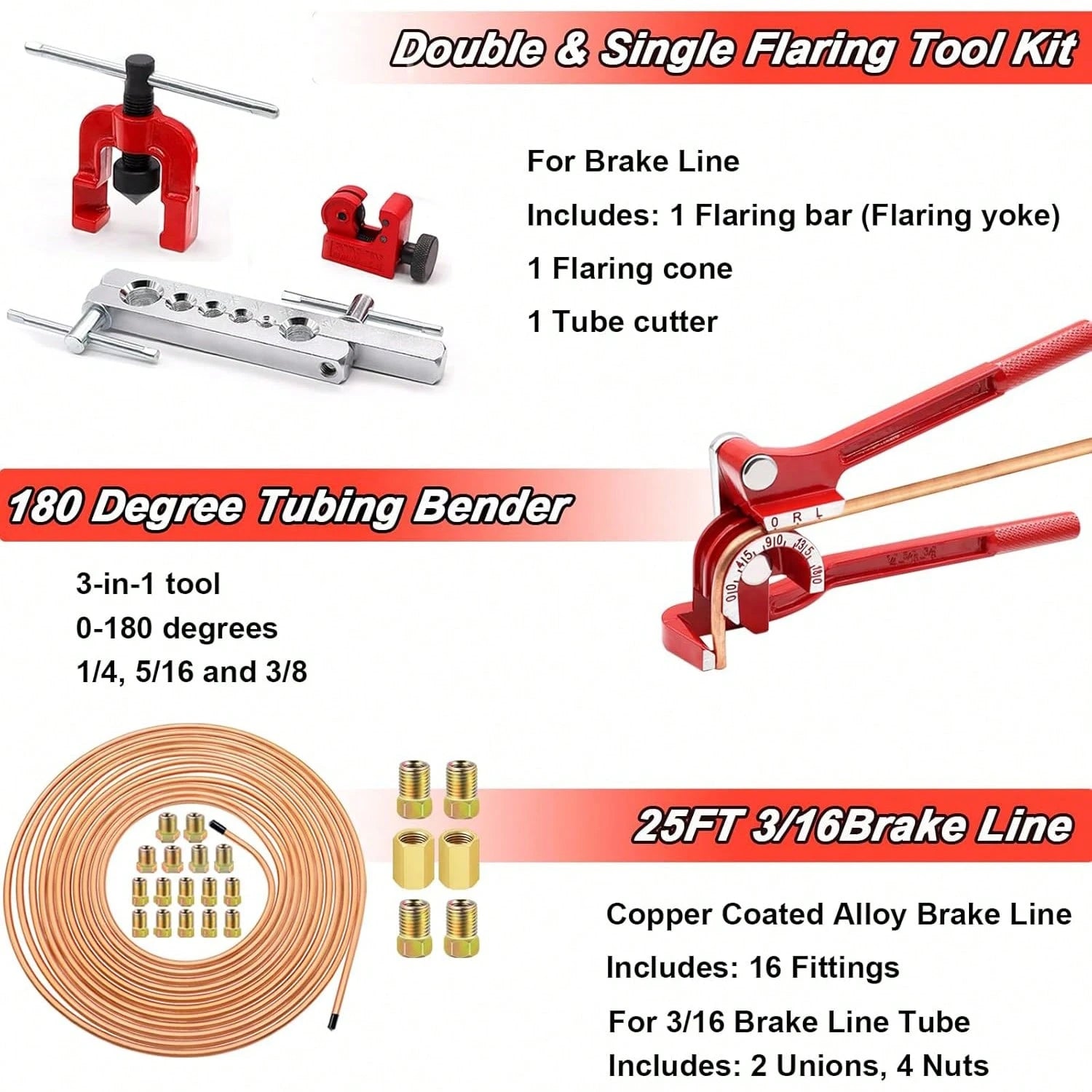3/16 Inch Brake Line Bender Flaring Tool Include 25FT Zinc-Plated Copper Coated Brake Bending Lines And Single Flare Cutter Repair Kit 16 Rust-Resistant Fitting 4 Nut