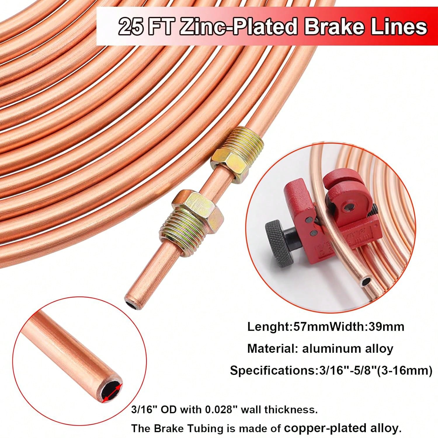 3/16 Inch Brake Line Bender Flaring Tool Include 25FT Zinc-Plated Copper Coated Brake Bending Lines And Single Flare Cutter Repair Kit 16 Rust-Resistant Fitting 4 Nut