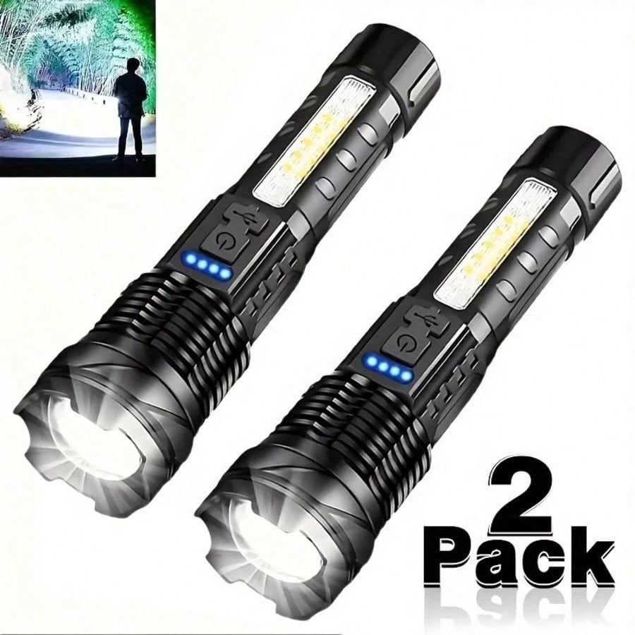 3/2/1 Pack Rechargeable Flashlight, High-Lumen Super Bright Flashlight, 6-Mode Zoomable Flashlight, COB Side Light, Powerful Handheld LED Flashlight, Suitable For Emergencies, Camping, Fishing, Hiking