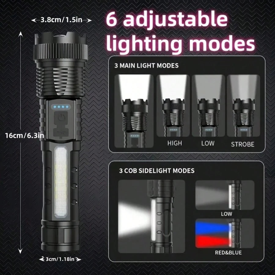 3/2/1 Pack Rechargeable Flashlight, High-Lumen Super Bright Flashlight, 6-Mode Zoomable Flashlight, COB Side Light, Powerful Handheld LED Flashlight, Suitable For Emergencies, Camping, Fishing, Hiking