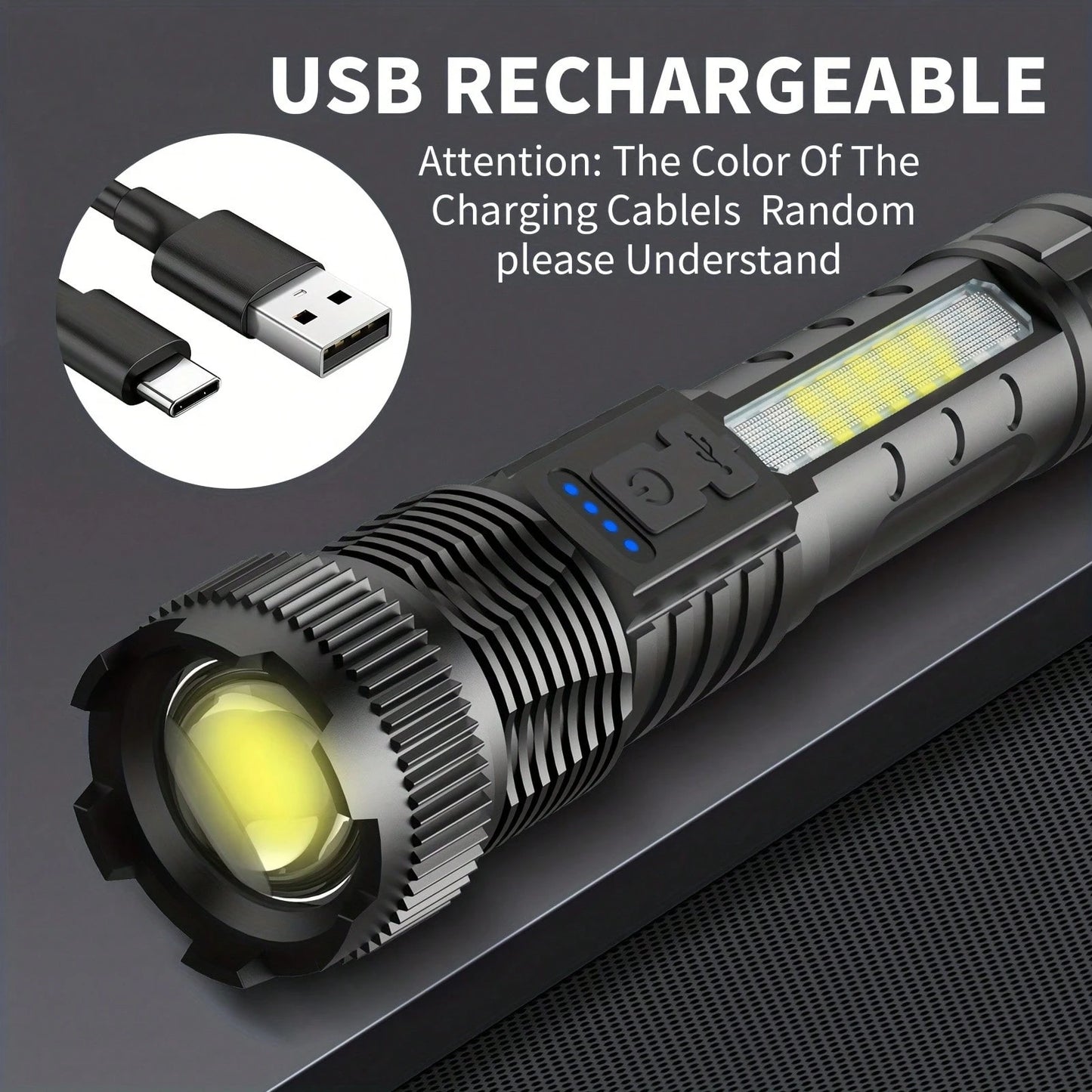 3/2/1 Pack Rechargeable Flashlight, High-Lumen Super Bright Flashlight, 6-Mode Zoomable Flashlight, COB Side Light, Powerful Handheld LED Flashlight, Suitable For Emergencies, Camping, Fishing, Hiking
