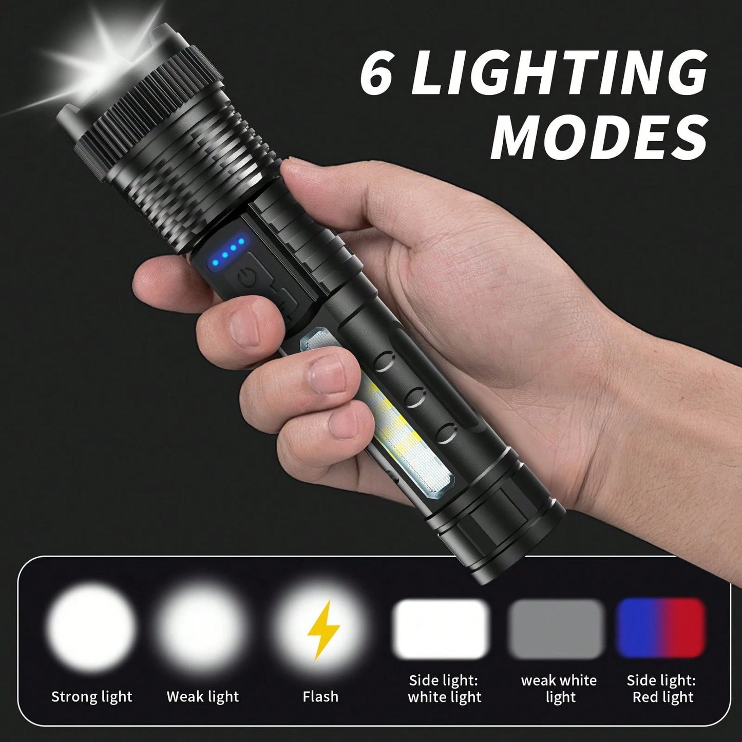 3/2/1 Pack Rechargeable Flashlight, High-Lumen Super Bright Flashlight, 6-Mode Zoomable Flashlight, COB Side Light, Powerful Handheld LED Flashlight, Suitable For Emergencies, Camping, Fishing, Hiking
