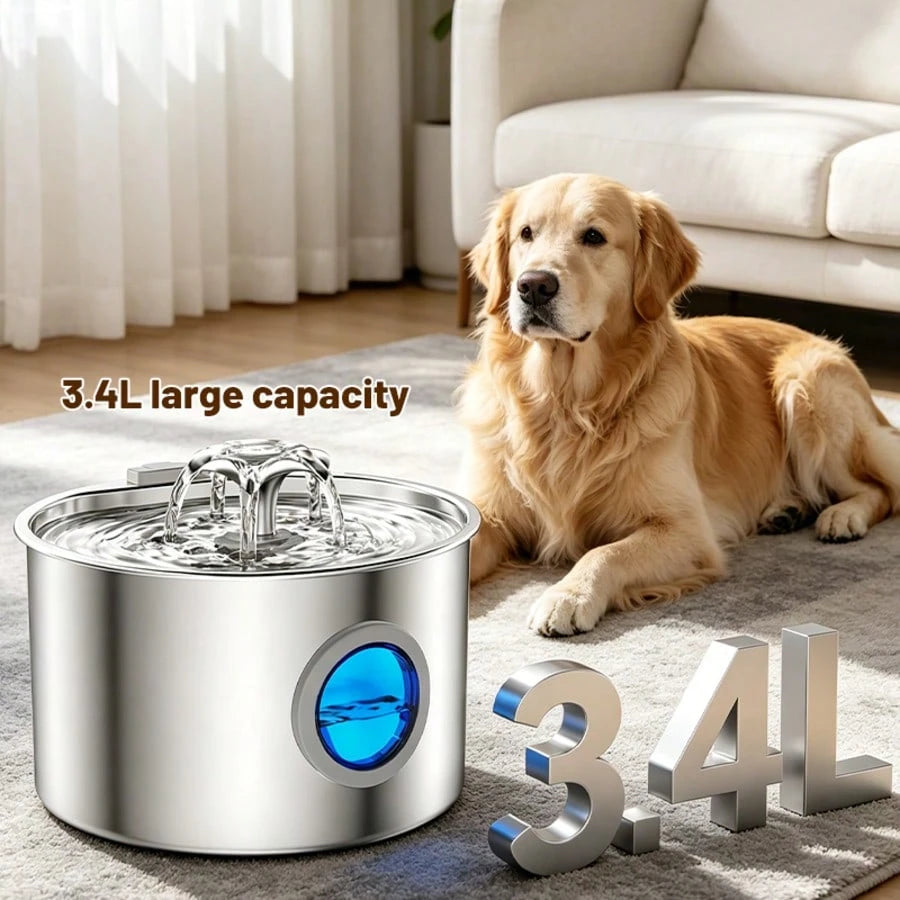 3.2L Stainless Steel Pet Water Fountain, Silent Pump Circulation Filter Cat Dog Water Dispenser, Easy Clean Automatic Water Feeder For Multi Pets No Battery Needed