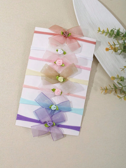 3/4/7pcs Set New Handmade Tulle Bow Baby Headbands, Cute 3D Flower & Bow Design Soft Comfortable Seamless Princess Hair Accessories (Excluding Display Card)