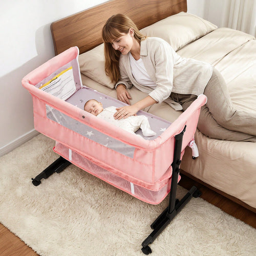 3-In-1 Baby Crib,Bedside Bassinet, Baby Bed With Storage Basket,Easy To Fold,6 Adjustable Height Portable Crib For Infant/Newborn,Baby Need,Baby Stuff