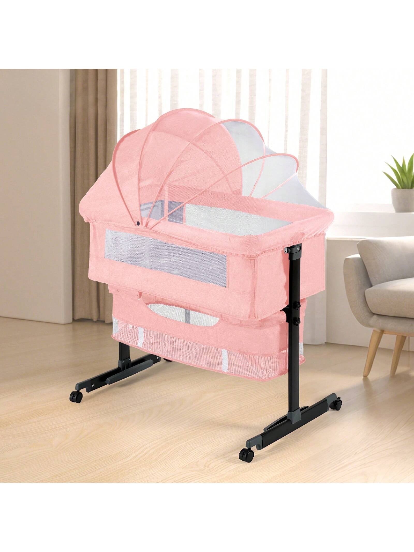 3-In-1 Baby Crib,Bedside Bassinet, Baby Bed With Storage Basket,Easy To Fold,6 Adjustable Height Portable Crib For Infant/Newborn,Baby Need,Baby Stuff