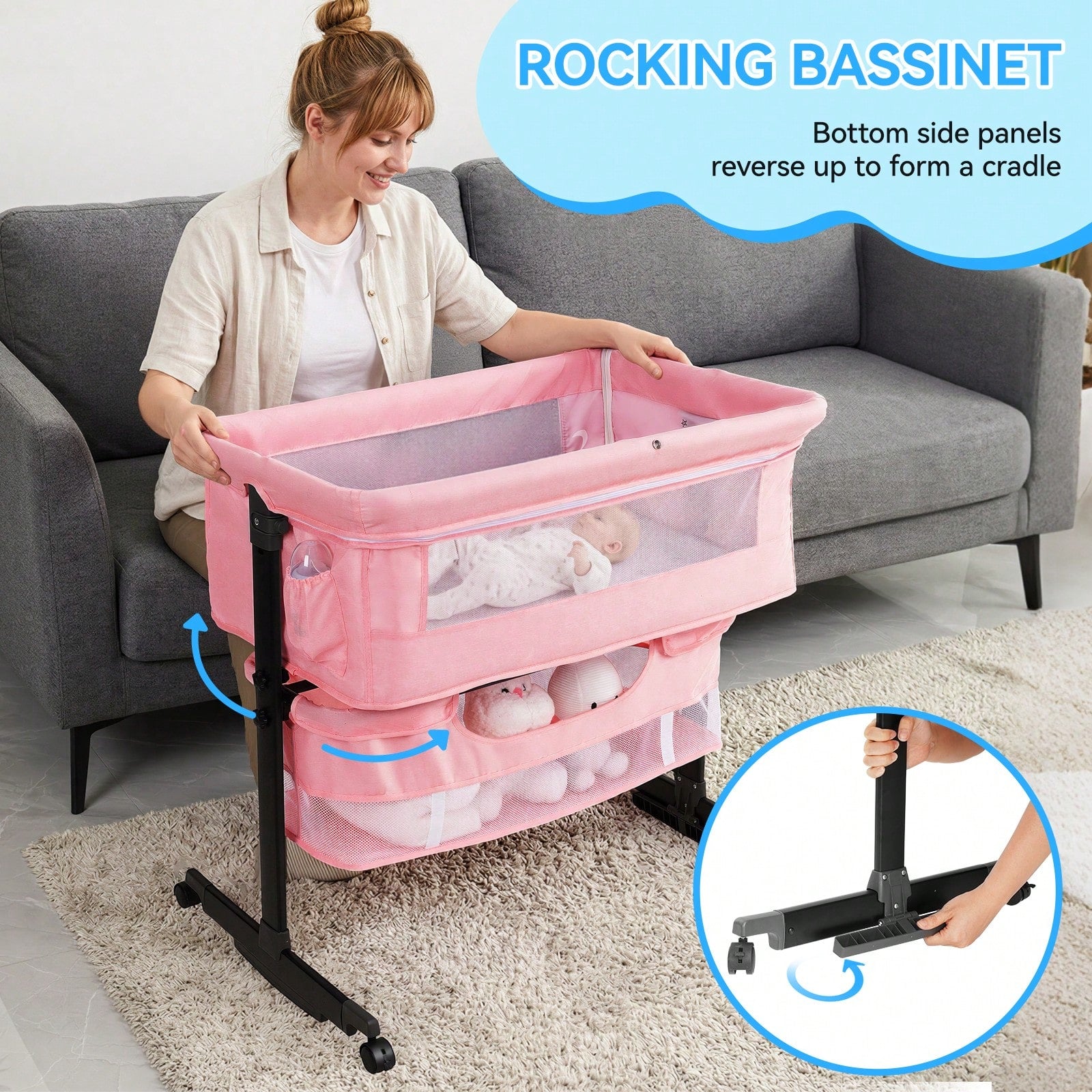 3-In-1 Baby Crib,Bedside Bassinet, Baby Bed With Storage Basket,Easy To Fold,6 Adjustable Height Portable Crib For Infant/Newborn,Baby Need,Baby Stuff