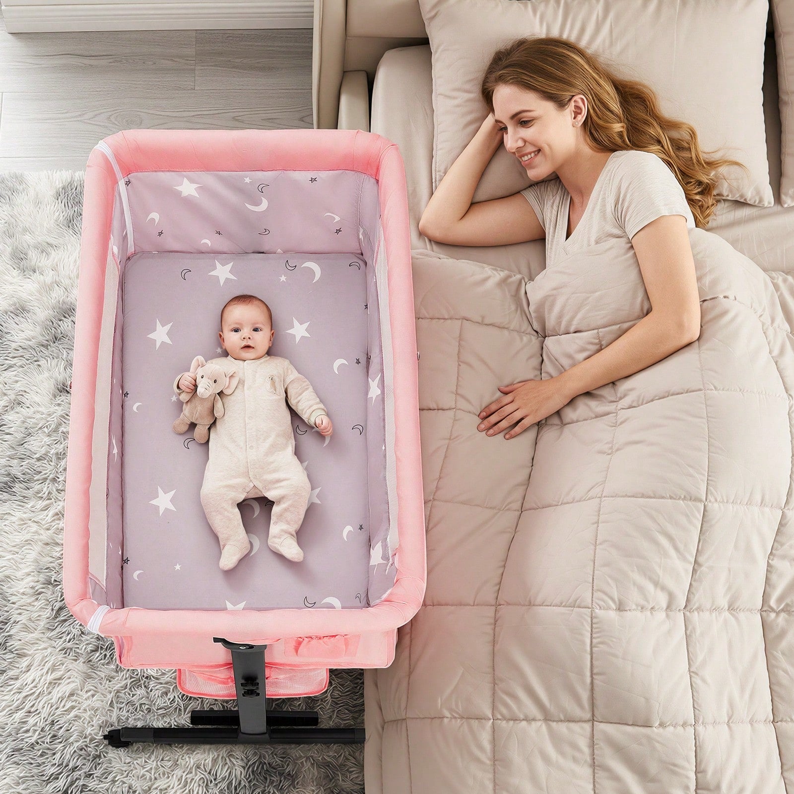 3-In-1 Baby Crib,Bedside Bassinet, Baby Bed With Storage Basket,Easy To Fold,6 Adjustable Height Portable Crib For Infant/Newborn,Baby Need,Baby Stuff