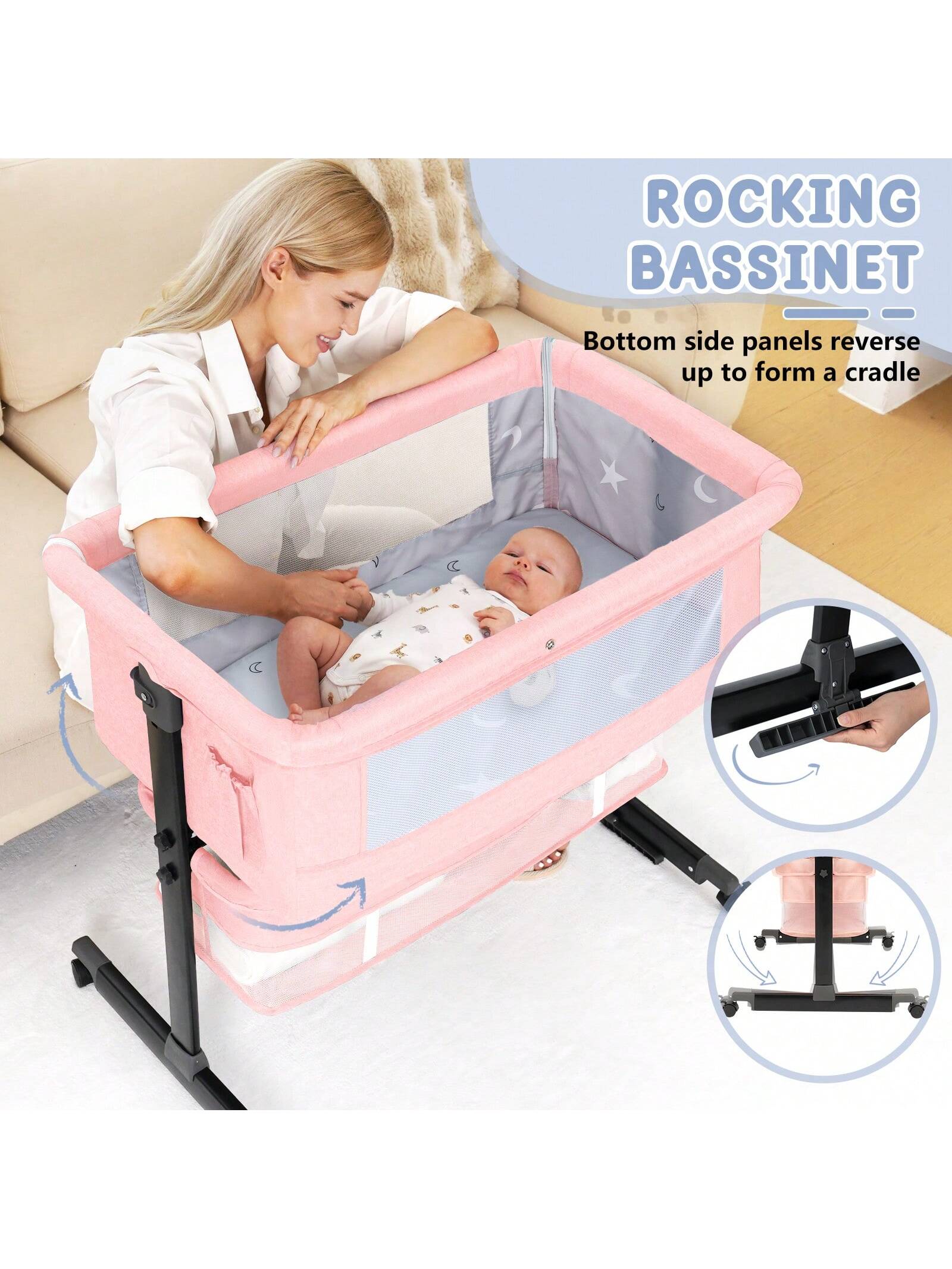 3-In-1 Baby Crib,Bedside Bassinet, Baby Bed With Storage Basket,Easy To Fold,6 Adjustable Height Portable Crib For Infant/Newborn,Baby Need,Baby Stuff