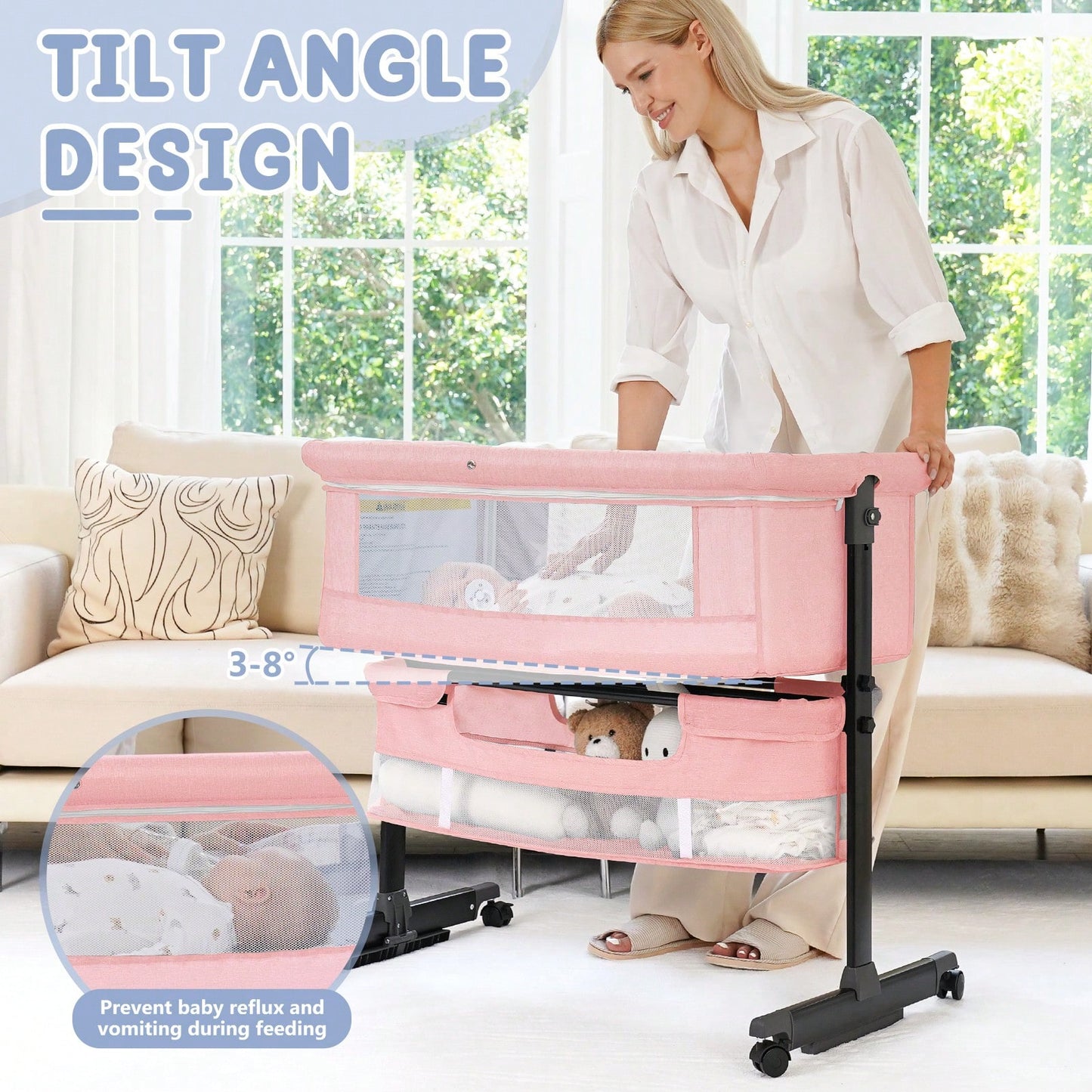 3-In-1 Baby Crib,Bedside Bassinet, Baby Bed With Storage Basket,Easy To Fold,6 Adjustable Height Portable Crib For Infant/Newborn,Baby Need,Baby Stuff