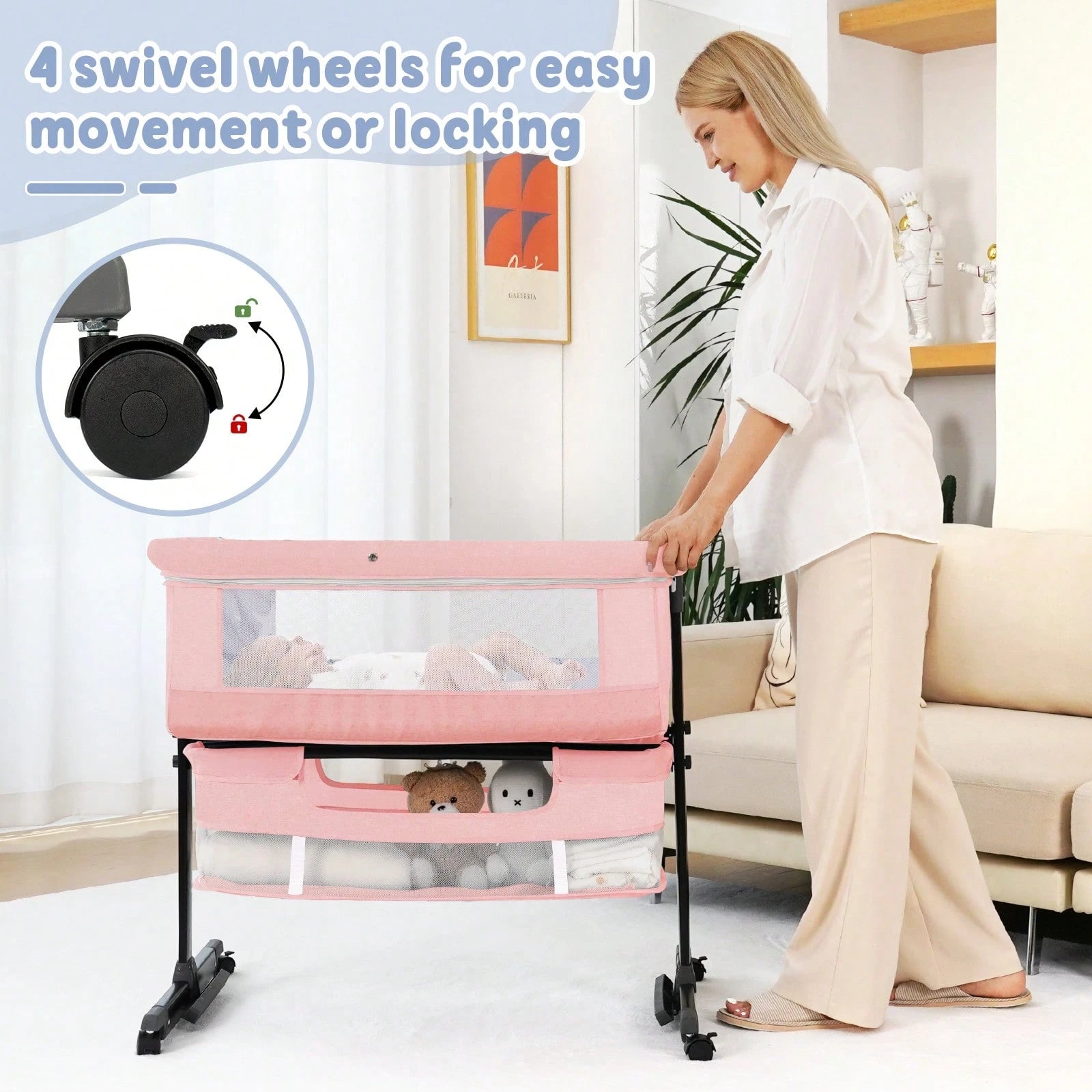 3-In-1 Baby Crib,Bedside Bassinet, Baby Bed With Storage Basket,Easy To Fold,6 Adjustable Height Portable Crib For Infant/Newborn,Baby Need,Baby Stuff