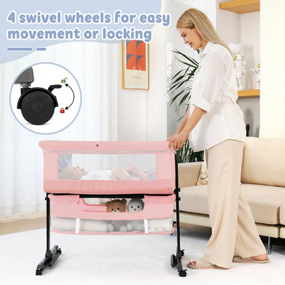 3-In-1 Baby Crib,Bedside Bassinet, Baby Bed With Storage Basket,Easy To Fold,6 Adjustable Height Portable Crib For Infant/Newborn,Baby Need,Baby Stuff