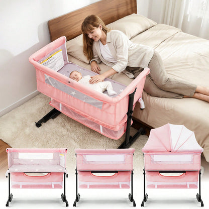 3-In-1 Baby Crib,Bedside Bassinet, Baby Bed With Storage Basket,Easy To Fold,6 Adjustable Height Portable Crib For Infant/Newborn,Baby Need,Baby Stuff