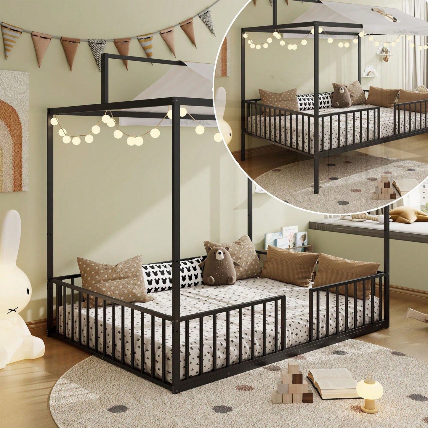 3-In-1 Convertible Montessori Metal Floor Bed,Fenced Toddler Bed With Sturdy Metal Slats Support,Modern Minimalist Design Canopy Platform Bed Funland, Easy Assembly, Full Size, Black