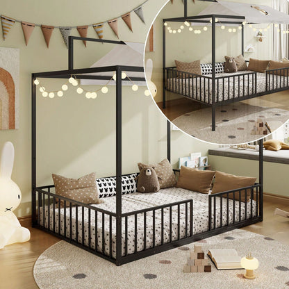 3-In-1 Convertible Montessori Metal Floor Bed,Fenced Toddler Bed With Sturdy Metal Slats Support,Modern Minimalist Design Canopy Platform Bed Funland, Easy Assembly, Full Size, Black