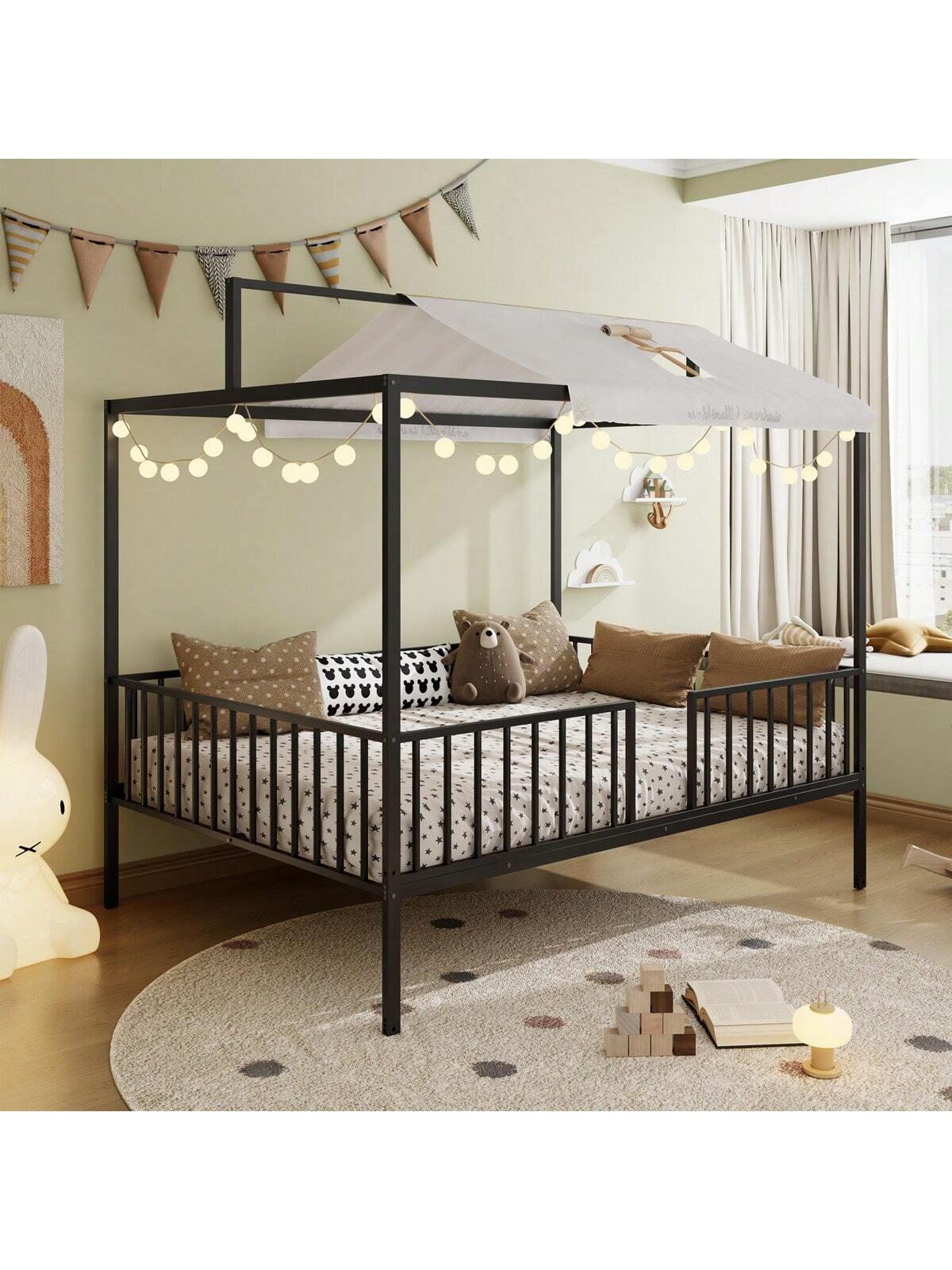3-In-1 Convertible Montessori Metal Floor Bed,Fenced Toddler Bed With Sturdy Metal Slats Support,Modern Minimalist Design Canopy Platform Bed Funland, Easy Assembly, Full Size, Black