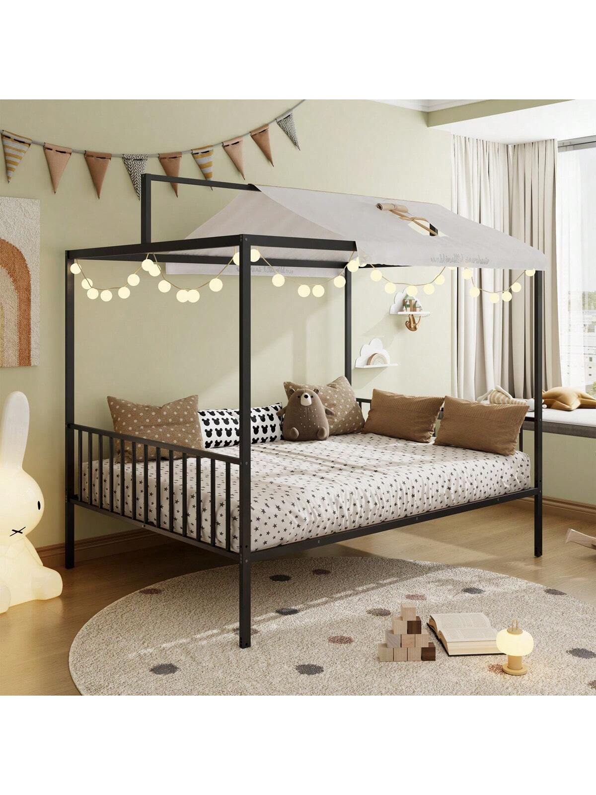 3-In-1 Convertible Montessori Metal Floor Bed,Fenced Toddler Bed With Sturdy Metal Slats Support,Modern Minimalist Design Canopy Platform Bed Funland, Easy Assembly, Full Size, Black