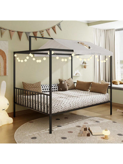3-In-1 Convertible Montessori Metal Floor Bed,Fenced Toddler Bed With Sturdy Metal Slats Support,Modern Minimalist Design Canopy Platform Bed Funland, Easy Assembly, Full Size, Black