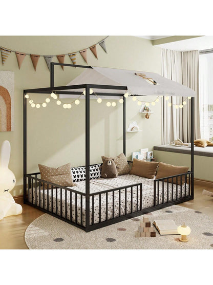 3-In-1 Convertible Montessori Metal Floor Bed,Fenced Toddler Bed With Sturdy Metal Slats Support,Modern Minimalist Design Canopy Platform Bed Funland, Easy Assembly, Full Size, Black