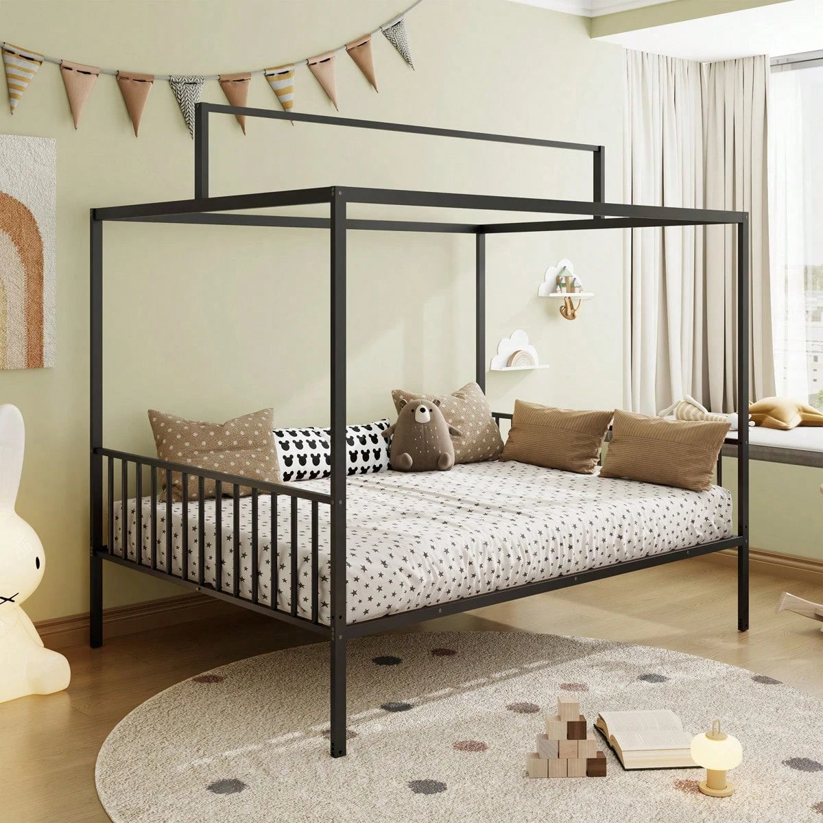 3-In-1 Convertible Montessori Metal Floor Bed,Fenced Toddler Bed With Sturdy Metal Slats Support,Modern Minimalist Design Canopy Platform Bed Funland, Easy Assembly, Full Size, Black