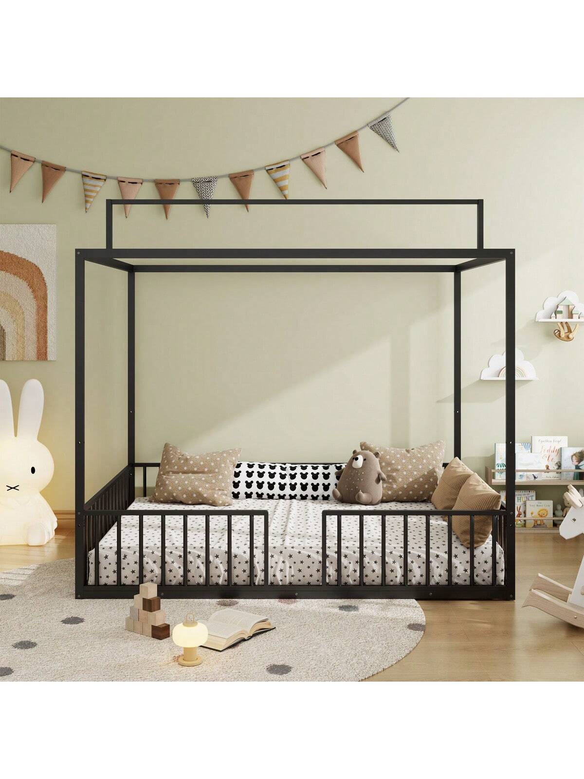 3-In-1 Convertible Montessori Metal Floor Bed,Fenced Toddler Bed With Sturdy Metal Slats Support,Modern Minimalist Design Canopy Platform Bed Funland, Easy Assembly, Full Size, Black
