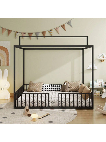 3-In-1 Convertible Montessori Metal Floor Bed,Fenced Toddler Bed With Sturdy Metal Slats Support,Modern Minimalist Design Canopy Platform Bed Funland, Easy Assembly, Full Size, Black