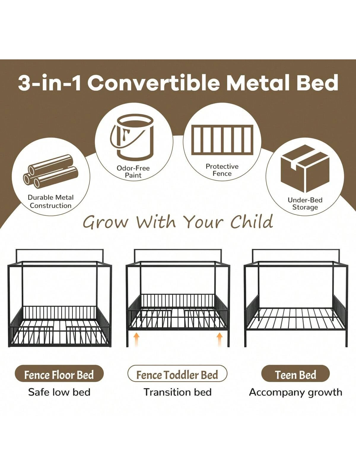 3-In-1 Convertible Montessori Metal Floor Bed,Fenced Toddler Bed With Sturdy Metal Slats Support,Modern Minimalist Design Canopy Platform Bed Funland, Easy Assembly, Full Size, Black
