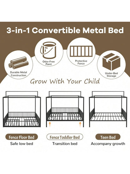 3-In-1 Convertible Montessori Metal Floor Bed,Fenced Toddler Bed With Sturdy Metal Slats Support,Modern Minimalist Design Canopy Platform Bed Funland, Easy Assembly, Full Size, Black