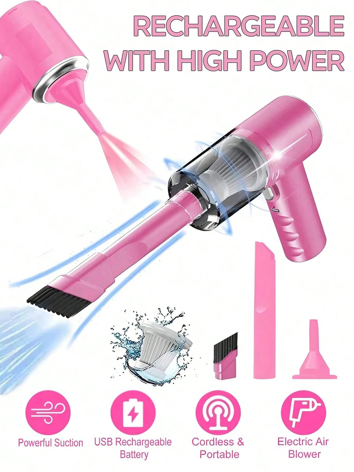 3-In-1 Handheld Vacuum Cleaner- 2000mAh, Fast Charging, Powerful Wet/Dry Suction For Car, Home And Pets, USB-C Charging, Washable Filter, Low Noise Air Purifier And Multi-Function Nozzle Set, Essenti