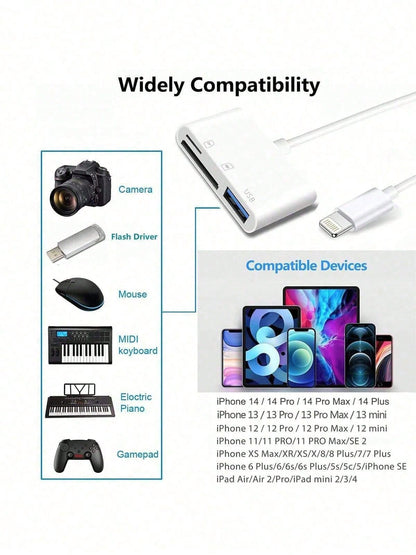 3-In-1 SD TF Micro SD Card Reader, USB-C/Lightning Adapter, High-Speed Data Transfer, Plug And Play, Compatible With Camera/Phone/Laptop, Suitable For US/EU/UK/AU Standards