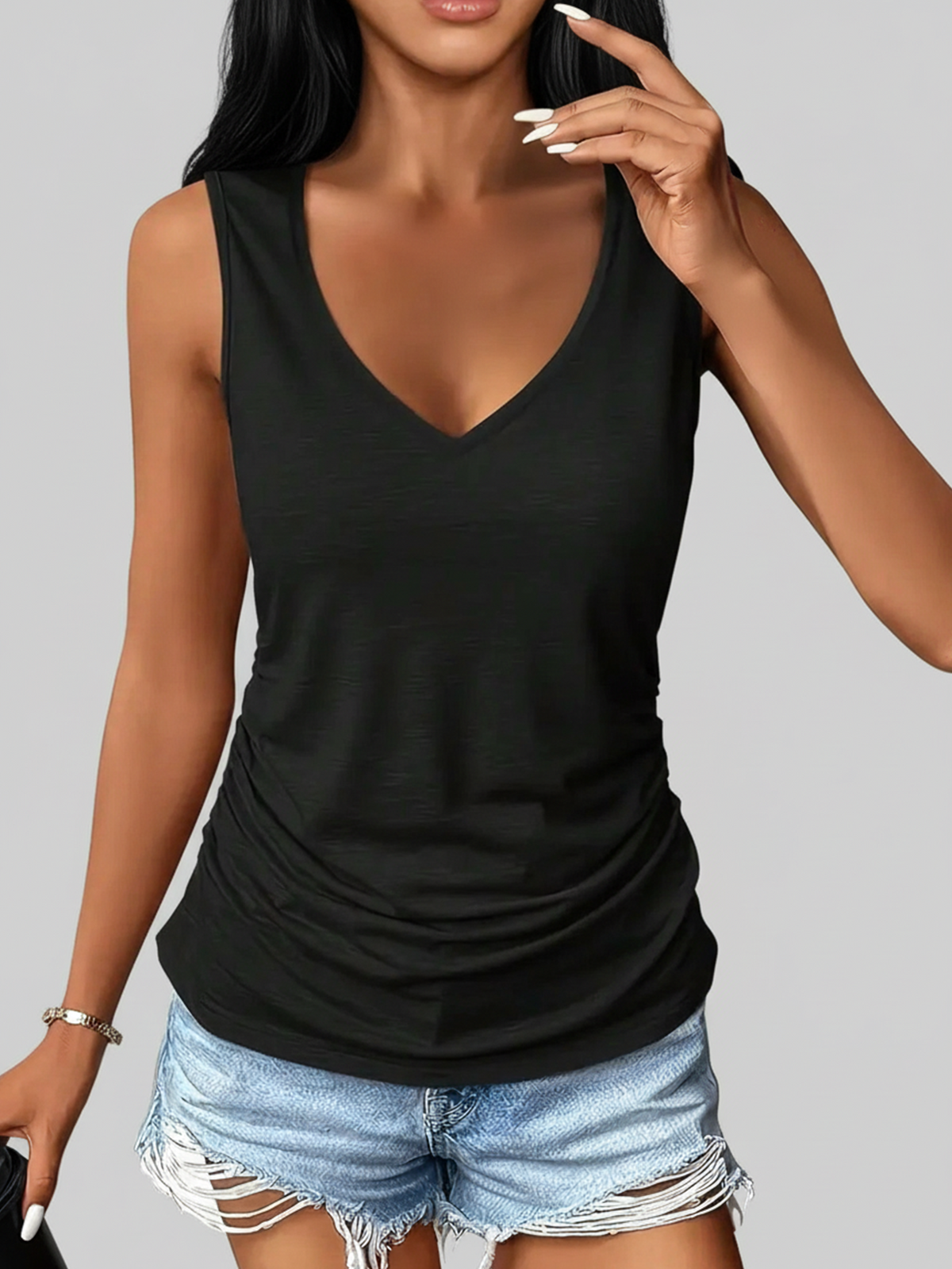 3-Pack Women Ruched V-Neck Sleeveless Slim Fit Solid Tank Tops, Black/Grey/Blue, Machine Washable, Soft Comfort All-Season Daily Casual Wear Summer, Everyday Staple