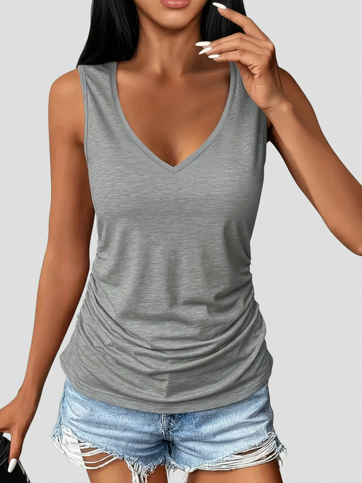 3-Pack Women Ruched V-Neck Sleeveless Slim Fit Solid Tank Tops, Black/Grey/Blue, Machine Washable, Soft Comfort All-Season Daily Casual Wear Summer, Everyday Staple