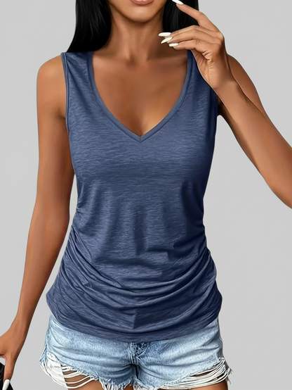 3-Pack Women Ruched V-Neck Sleeveless Slim Fit Solid Tank Tops, Black/Grey/Blue, Machine Washable, Soft Comfort All-Season Daily Casual Wear Summer, Everyday Staple