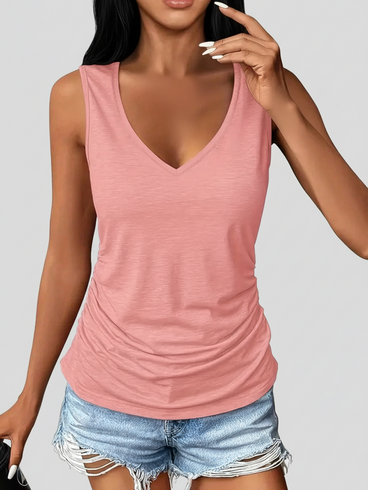 3-Pack Women Ruched V-Neck Sleeveless Slim Fit Solid Tank Tops, Black/Grey/Blue, Machine Washable, Soft Comfort All-Season Daily Casual Wear Summer, Everyday Staple