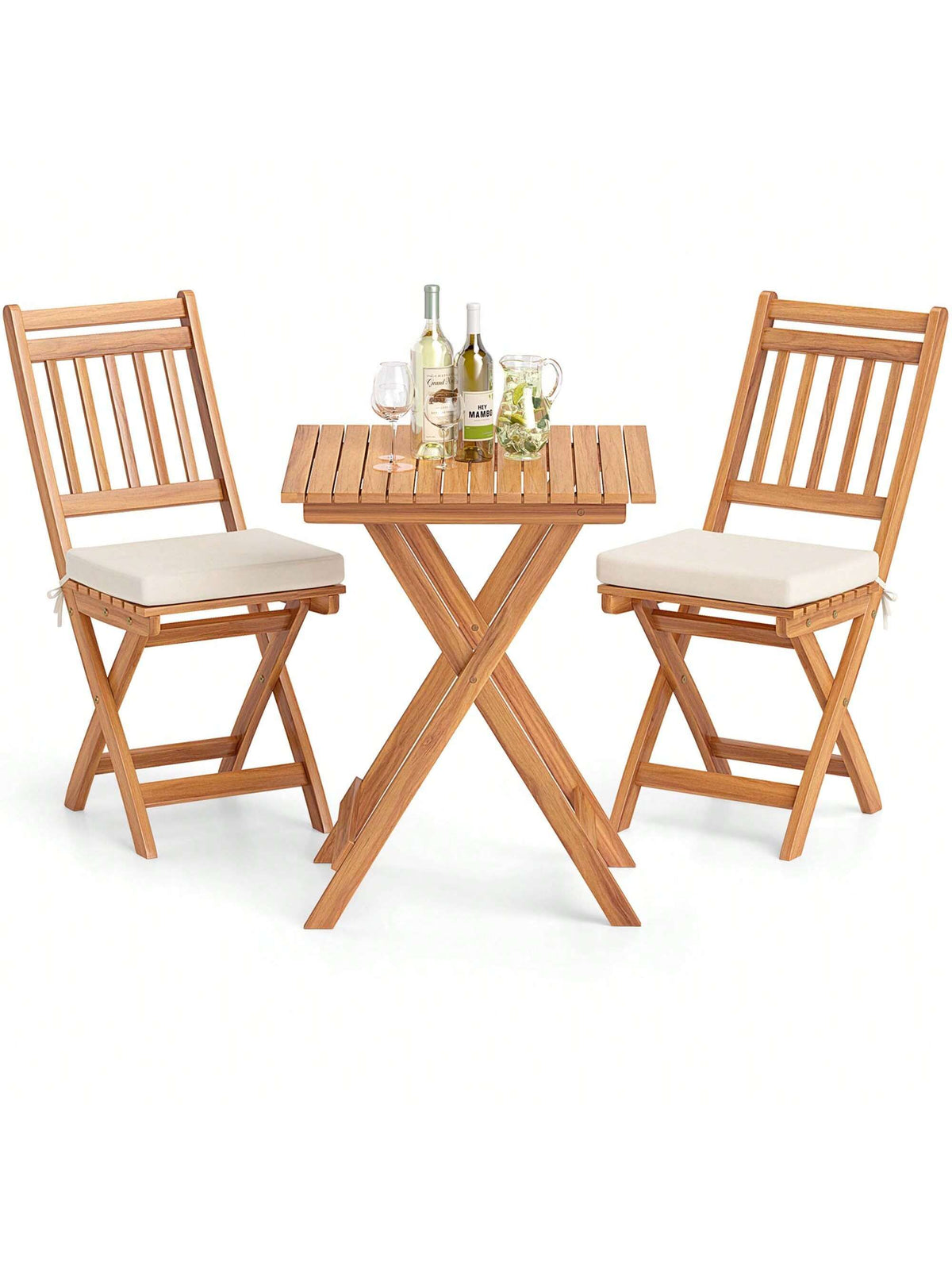 3-Piece Folding Bistro Set W/ Removable Seat Cushions Outdoor Table & Chairs