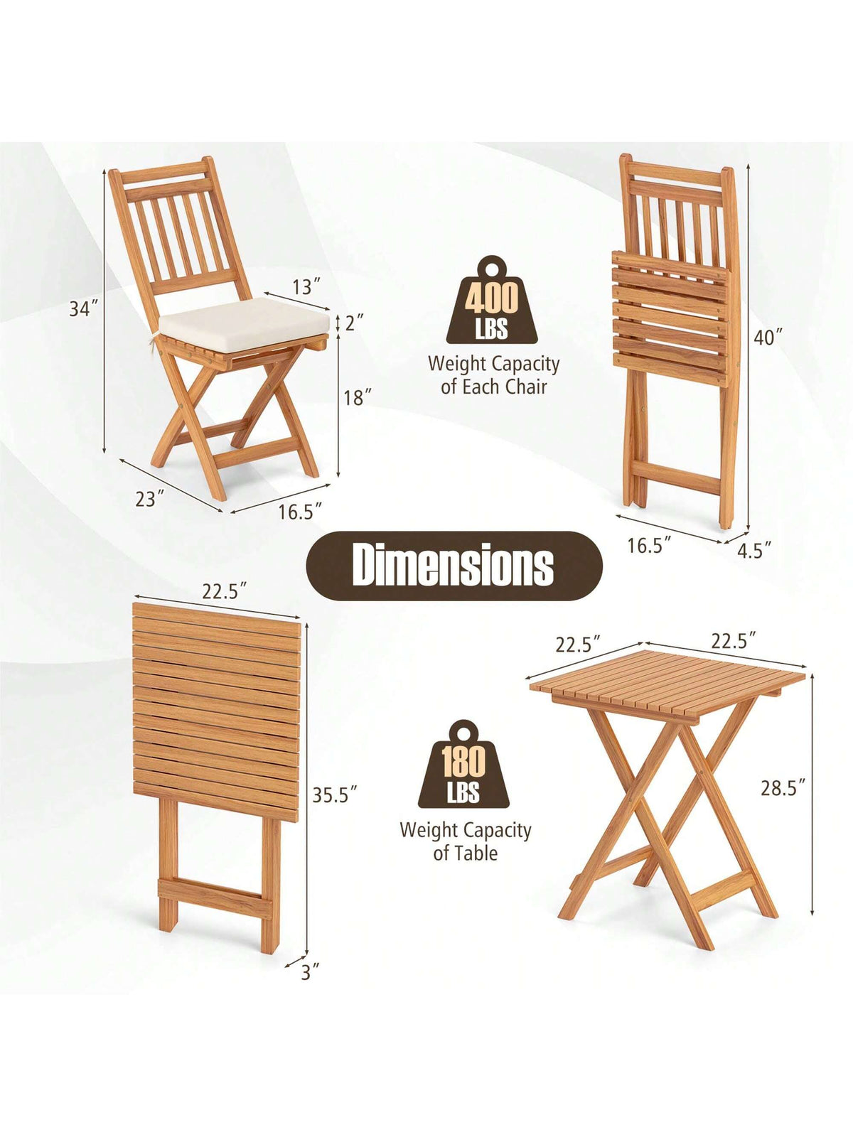 3-Piece Folding Bistro Set W/ Removable Seat Cushions Outdoor Table & Chairs