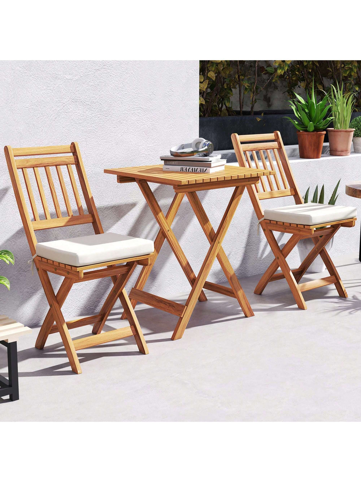 3-Piece Folding Bistro Set W/ Removable Seat Cushions Outdoor Table & Chairs