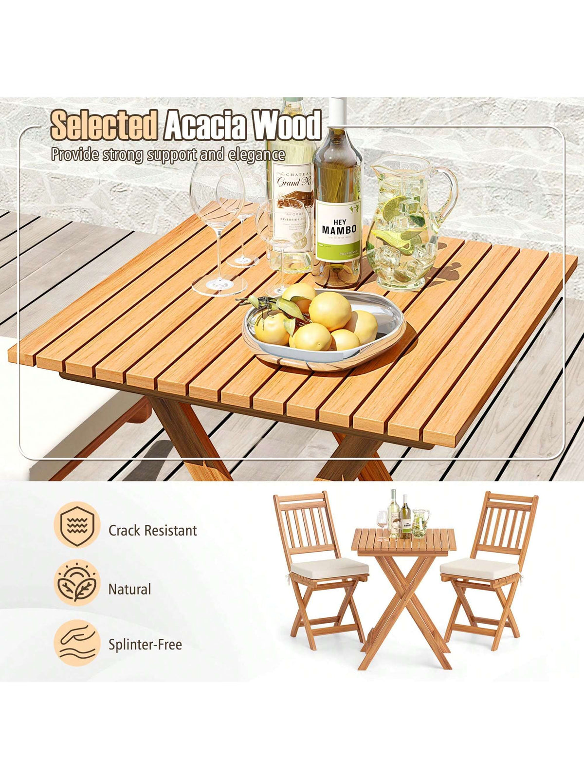 3-Piece Folding Bistro Set W/ Removable Seat Cushions Outdoor Table & Chairs