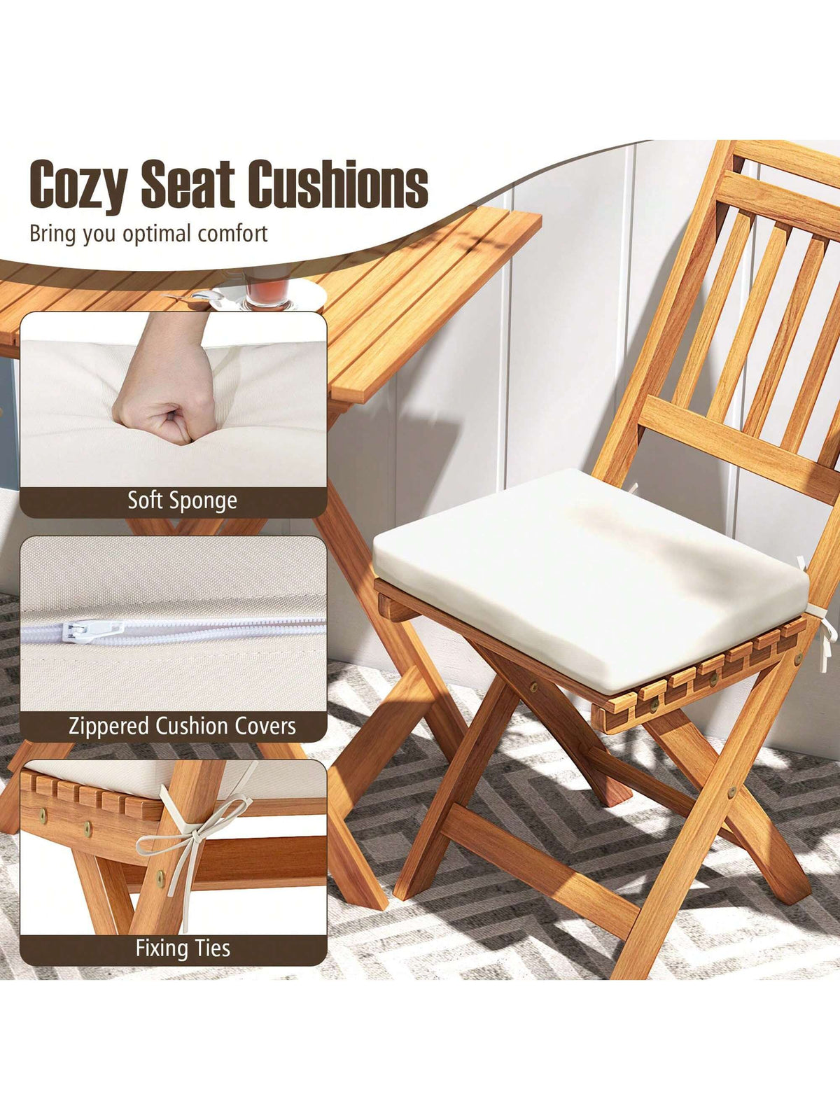 3-Piece Folding Bistro Set W/ Removable Seat Cushions Outdoor Table & Chairs