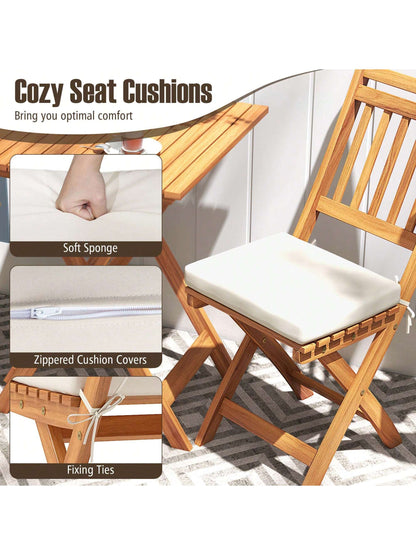 3-Piece Folding Bistro Set W/ Removable Seat Cushions Outdoor Table & Chairs
