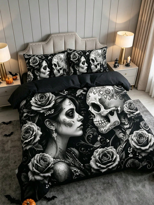 3-Piece Halloween Pumpkin Skull Floral Duvet Cover Set, Random Pillowcase Pattern, Duvet Cover Set (1 Duvet Cover + 2 Pillowcases, Pillow Inserts Not Included), Soft Warm Comfortable Bedroom Bedding S