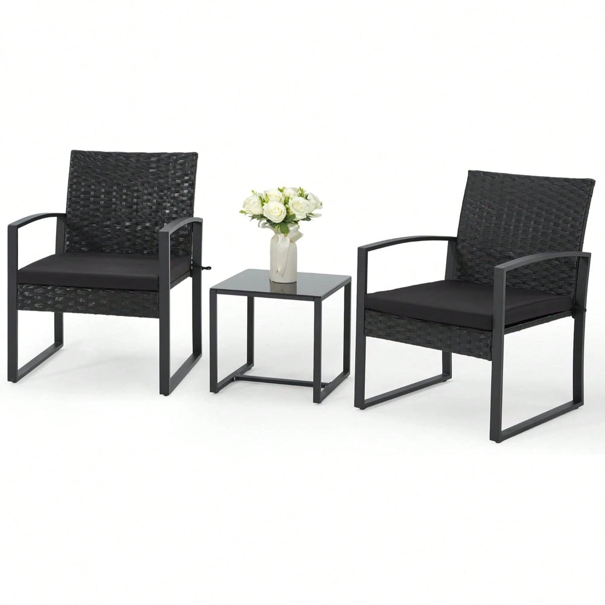 3-Piece Patio Furniture Set, Wicker Bistro Set, Black| 2 Straight Arm Chairs With Glass Coffee Table, Patio Conversation Set For Backyard, Porches, Poolside, Lawn And Balcony,Patio Furniture Set,Outd