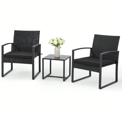 3-Piece Patio Furniture Set, Wicker Bistro Set, Black| 2 Straight Arm Chairs With Glass Coffee Table, Patio Conversation Set For Backyard, Porches, Poolside, Lawn And Balcony,Patio Furniture Set,Outd